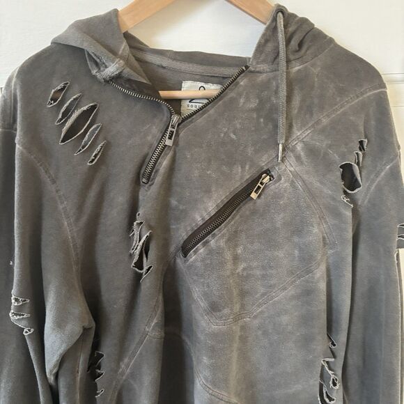 Men Thrashed Quarter Zip Pullover Hoodie Gray Size XL Grunge Punk Distressed 90s - Picture 7 of 14